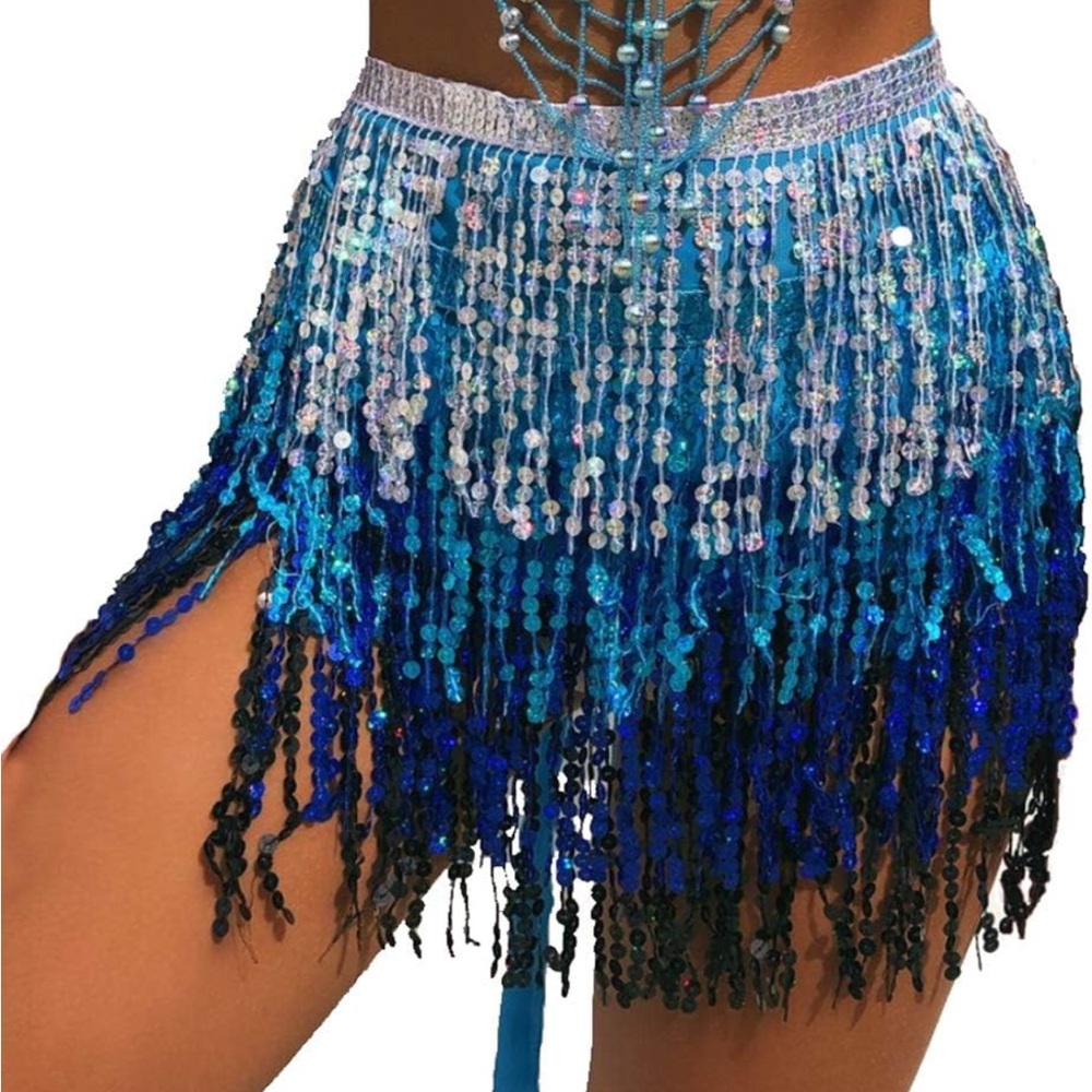 Women's Sequin Tassel Skirts Rave Fringe Hip Scarf for Festival size small